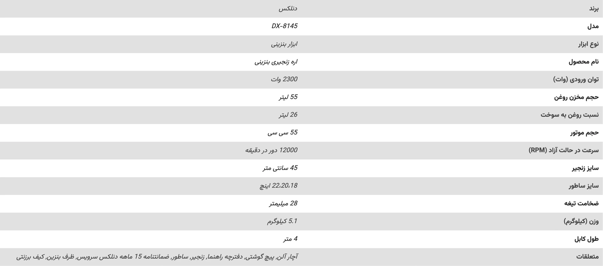 مشخصات-فنی-اره-موتوری-دنلکس-مدل-DX-8145