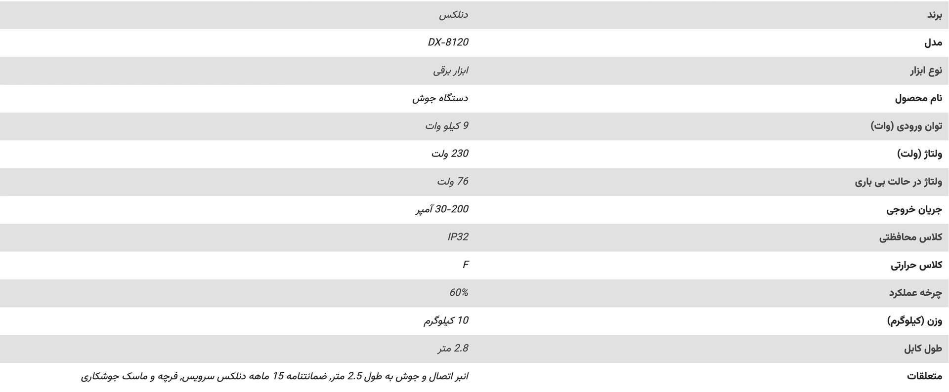 مشخصات-فنی-دستگاه-جوش-200-آمپر-دنلکس-مدل-DX-8120