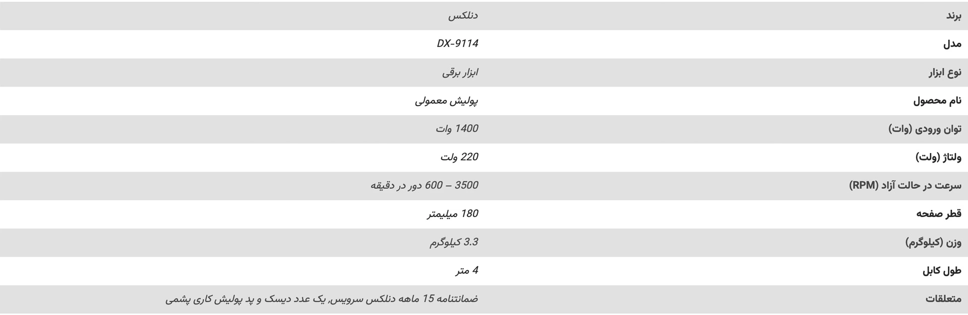 مشخصات-فنی-پولیش-180-میلیمتر-دنلکس-مدل-DX-9114