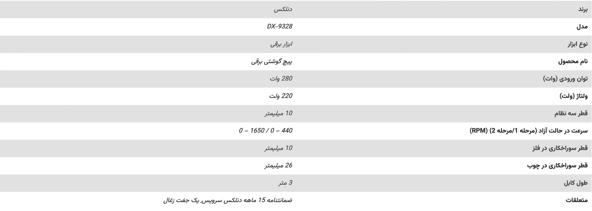 مشخصات-فنی-پیچ-گوشتی-برقی-280-وات-دنلکس-مدل-DX-9328