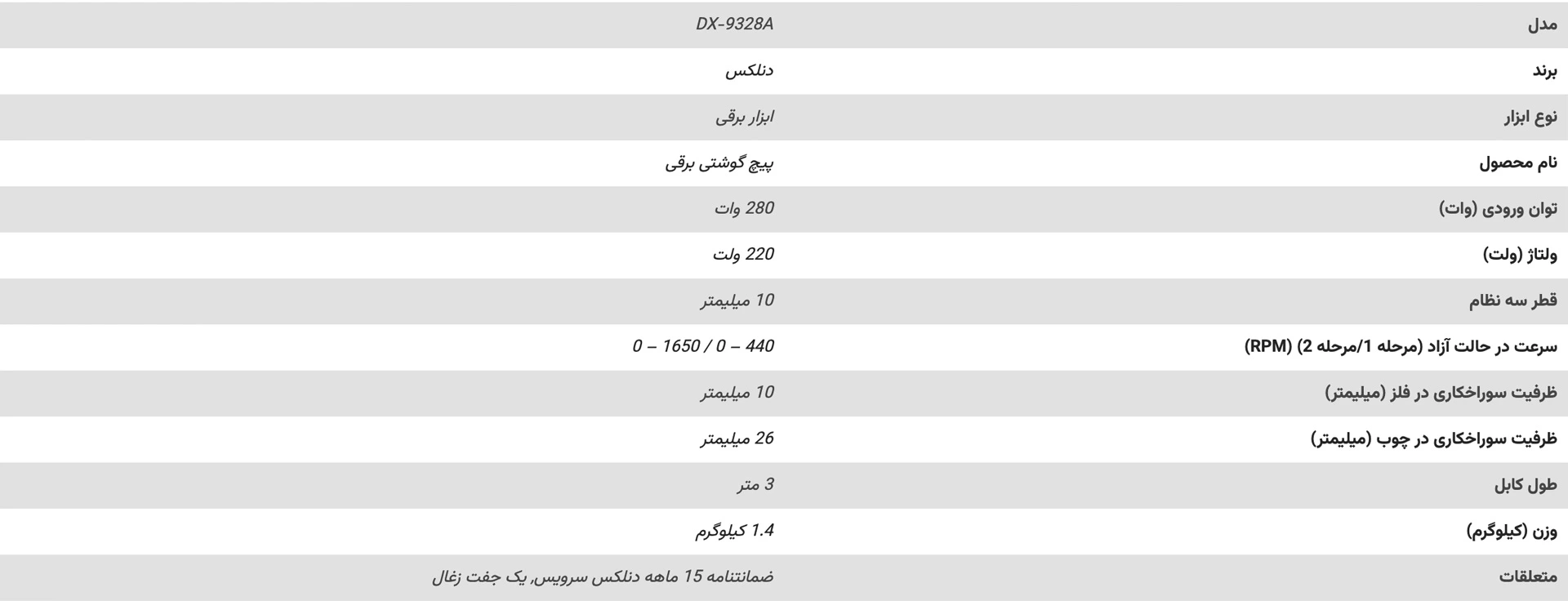 مشخصات-فنی-پیچ-گوشتی-برقی-280-وات-دنلکس-مدل-DX-9328A